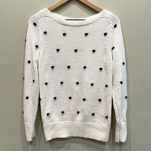 LOFT Polka Dot Embellished Cream Knit Sweater - Size: Small